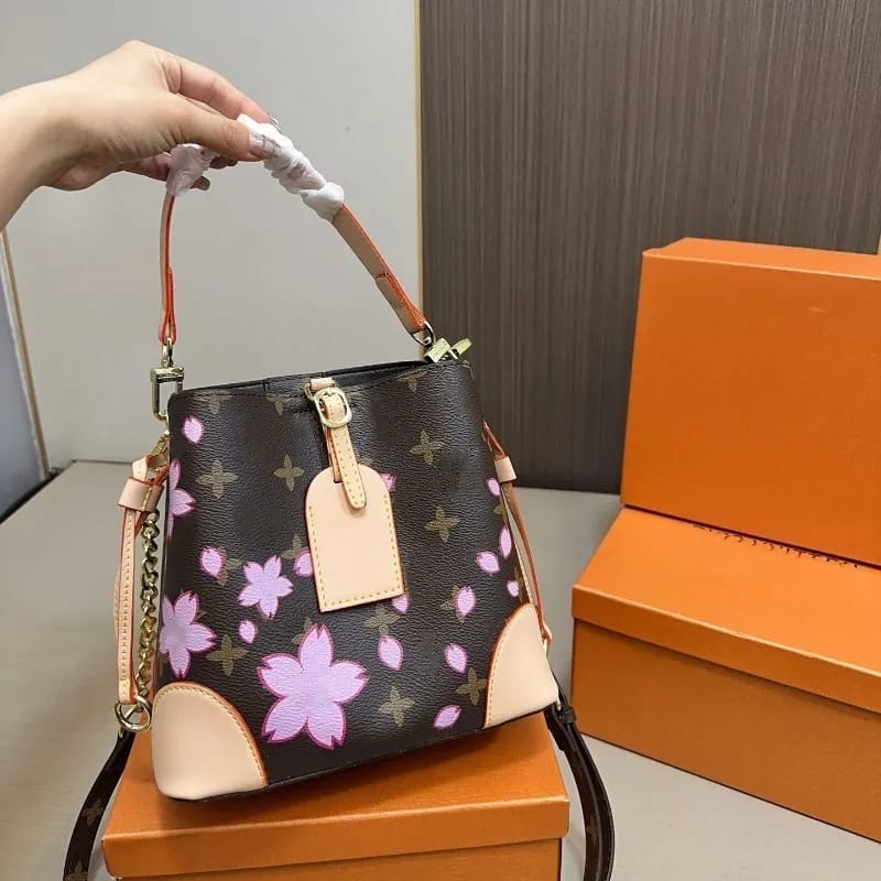 Louis Vuitton Canoé Bucket Bag – Monogram Canvas with Pink Cherry Blossom Print, Brown & Pink 21 cm