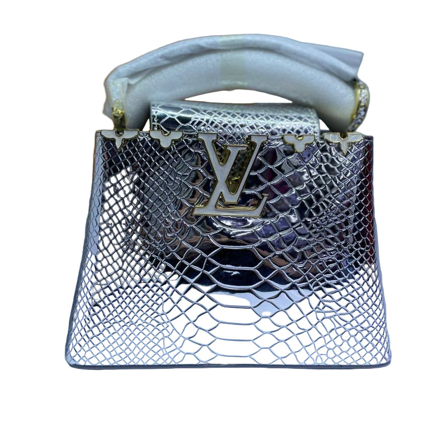 Louis Vuitton Capucines Mini Bag in Silver Glossy Snake-Embossed Leather with Gold Hardware 21 cm