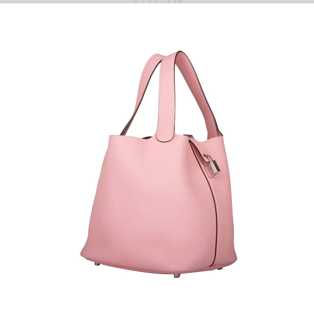 Hermes Picotin Style Bucket Bag in Rose Grained Leather with Silver Lock