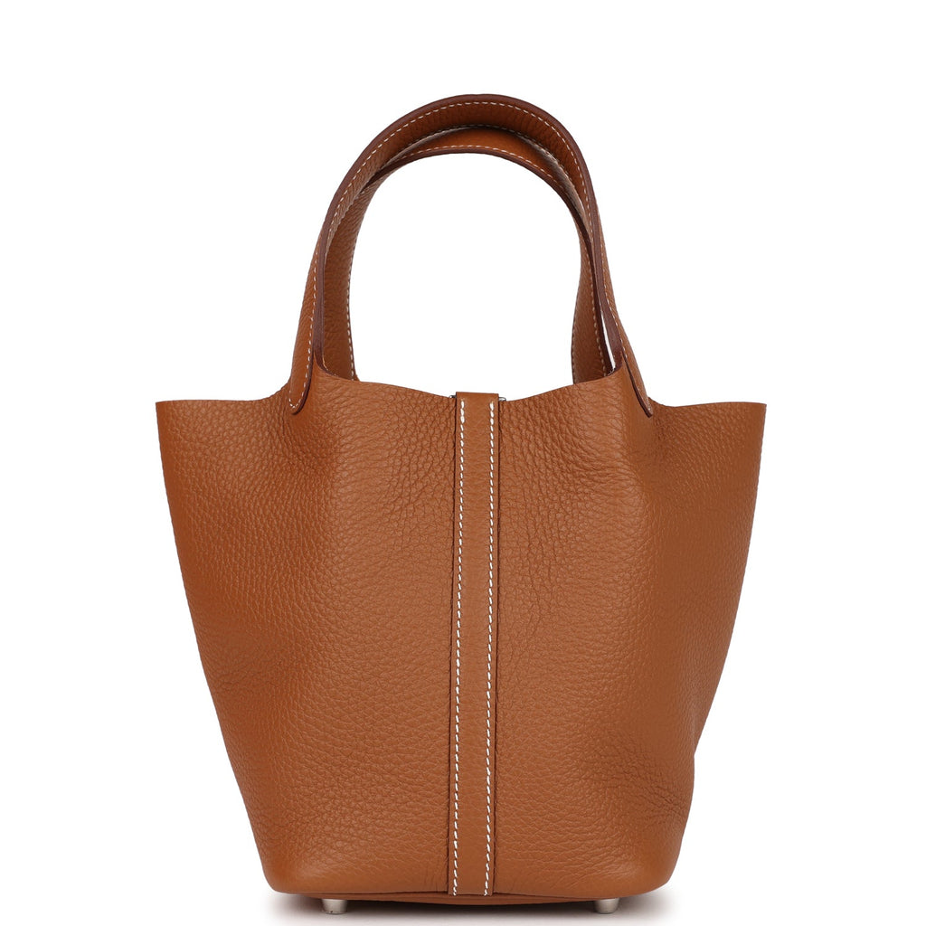 Hermes Picotin Style Bucket Bag in Tan Grained Leather with Silver Lock