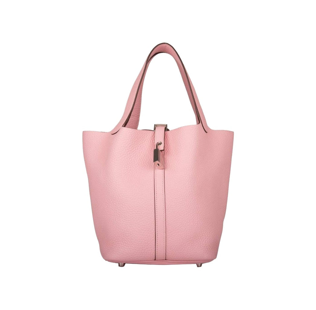 Hermes Picotin Style Bucket Bag in Rose Grained Leather with Silver Lock