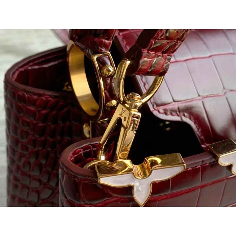 Louis Vuitton Capucines Mini Bag in Burgundy Glossy Snake-Embossed Leather with Gold Hardware 21 cm