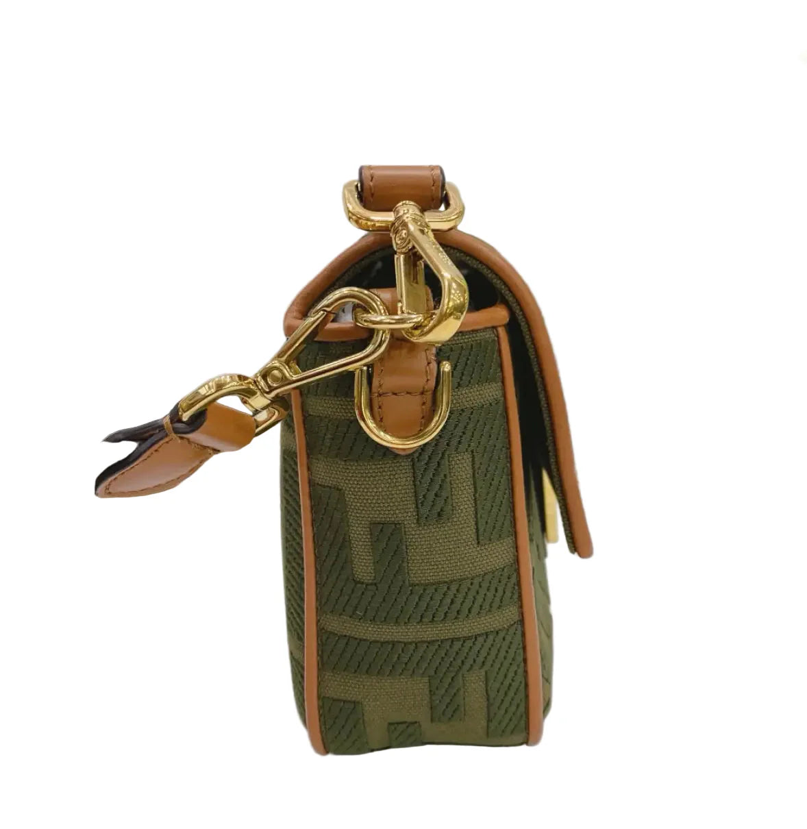 Fendi Baguette Bag in Olive Green FF Canvas with Light Brown Leather Trim and Gold Hardware 26 cm