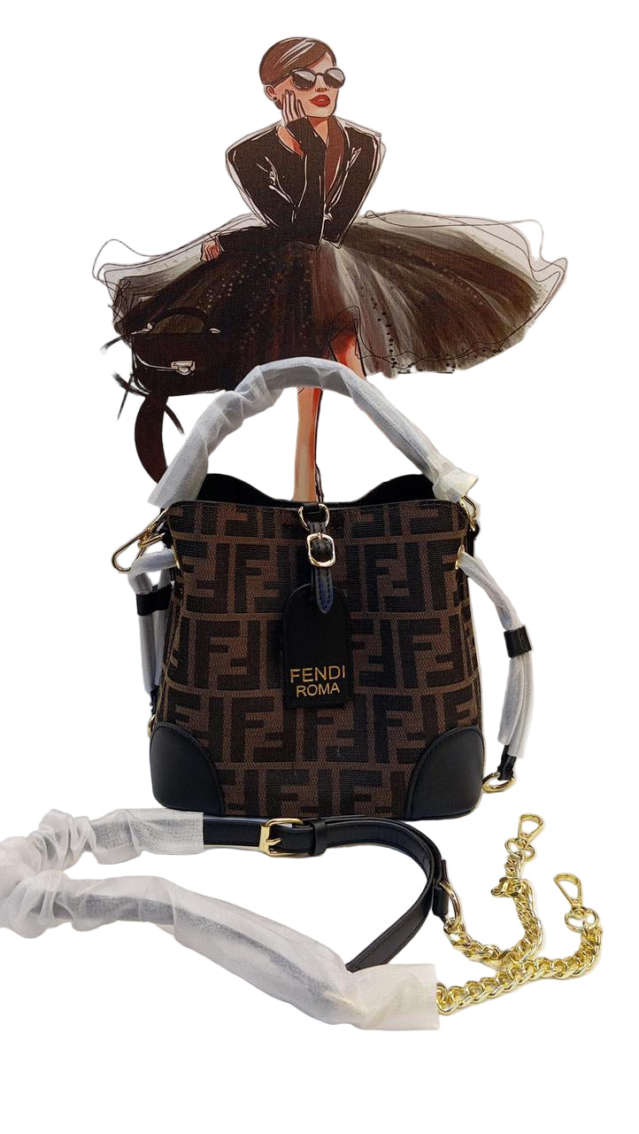 Fendi Roma FF Monogram Bucket Bag in Brown Leather