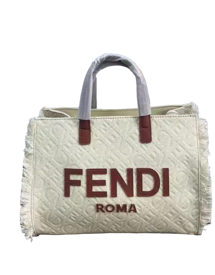 Fendi Sunshine Shopper Tote Bag in Light Beige Fabric with Tan Leather Details and Fringe Trim – 32 cm