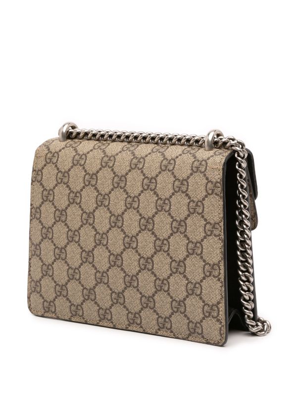 Gucci Dionysus GG Supreme Small Shoulder Bag in Beige/Brown Canvas with black Leather Details and Antique Silver Chain 25 cm