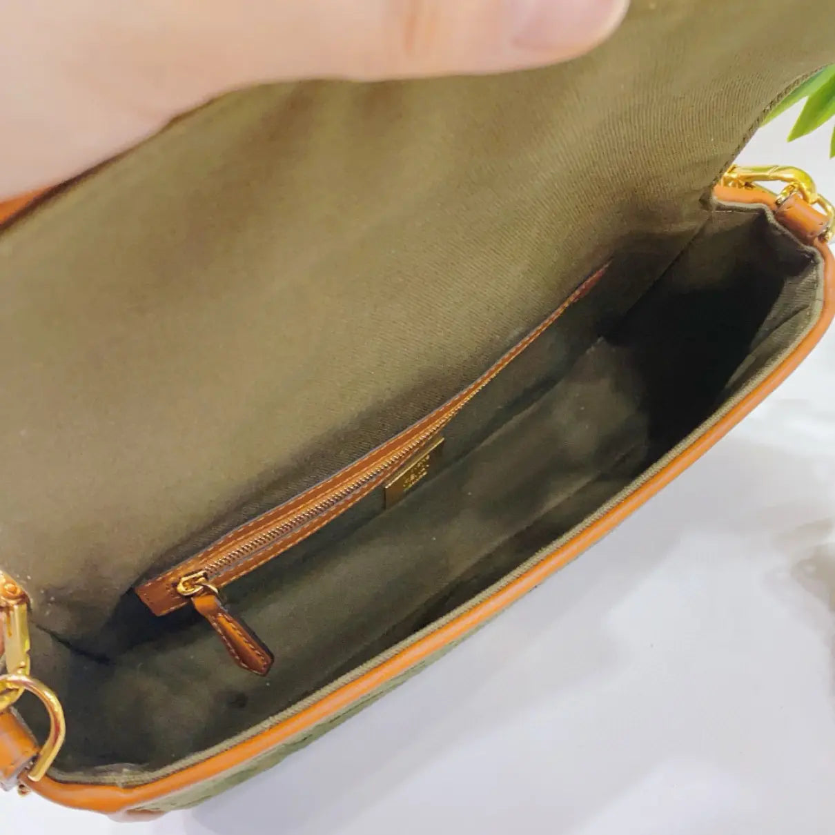 Fendi Baguette Bag in Olive Green FF Canvas with Light Brown Leather Trim and Gold Hardware 26 cm