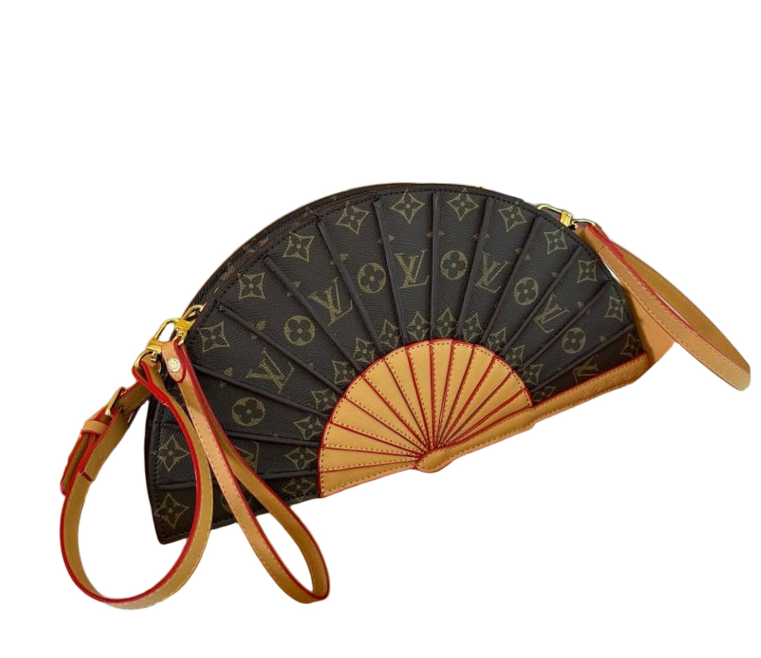 Louis Vuitton LV Fan Crossbody Bag in Brown Monogram Canvas with Beige/Red 37 cm