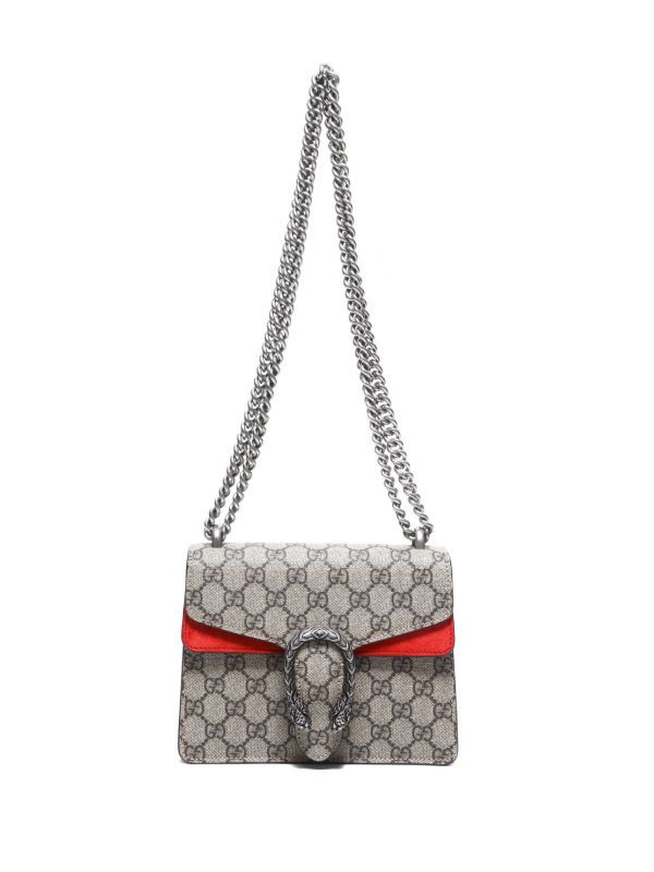 Gucci Dionysus GG Supreme Small Shoulder Bag in Beige/Brown Canvas with Red Leather Details and Antique Silver Chain 25 cm