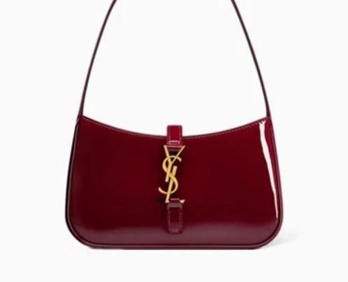 Saint Laurent Le 5 à 7 Burgundy Patent Leather Shoulder Bag with Gold Hardware