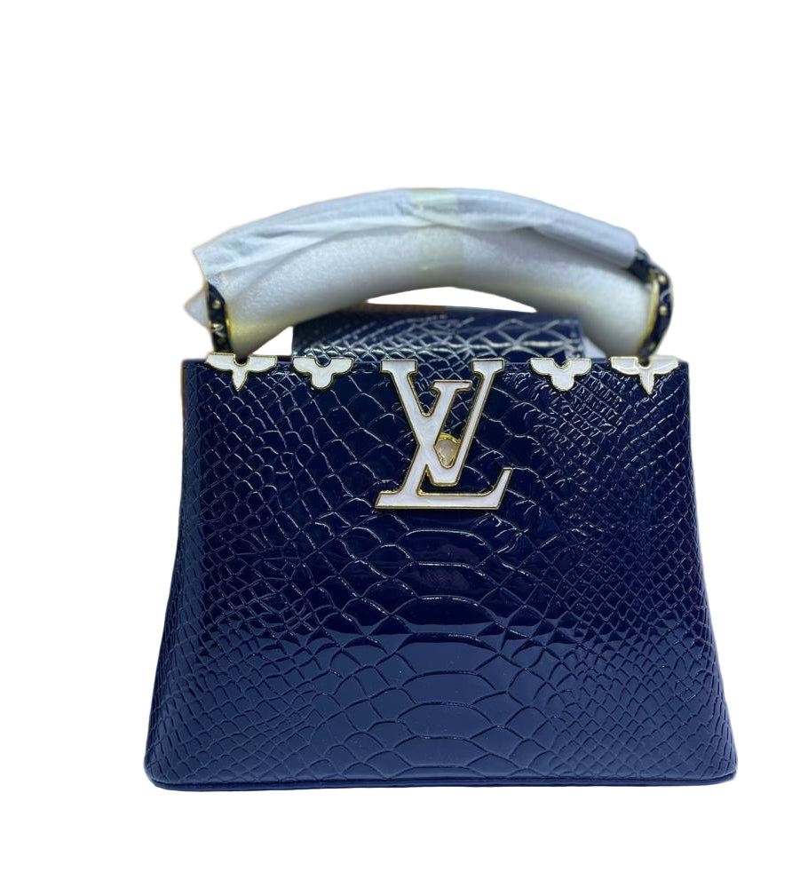 Louis Vuitton Capucines Mini Bag in Dark Blue Glossy Snake-Embossed Leather with Gold Hardware 21 cm