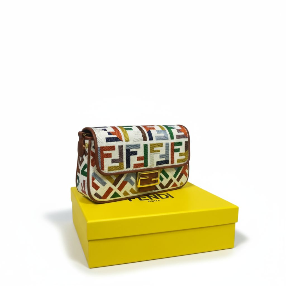 Fendi Baguette Bag in Multicolor FF Canvas with Light Brown Leather Trim and Gold Hardware 26 cm