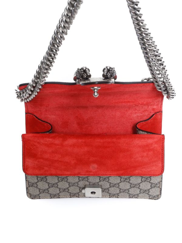 Gucci Dionysus GG Supreme Small Shoulder Bag in Beige/Brown Canvas with Red Leather Details and Antique Silver Chain 25 cm
