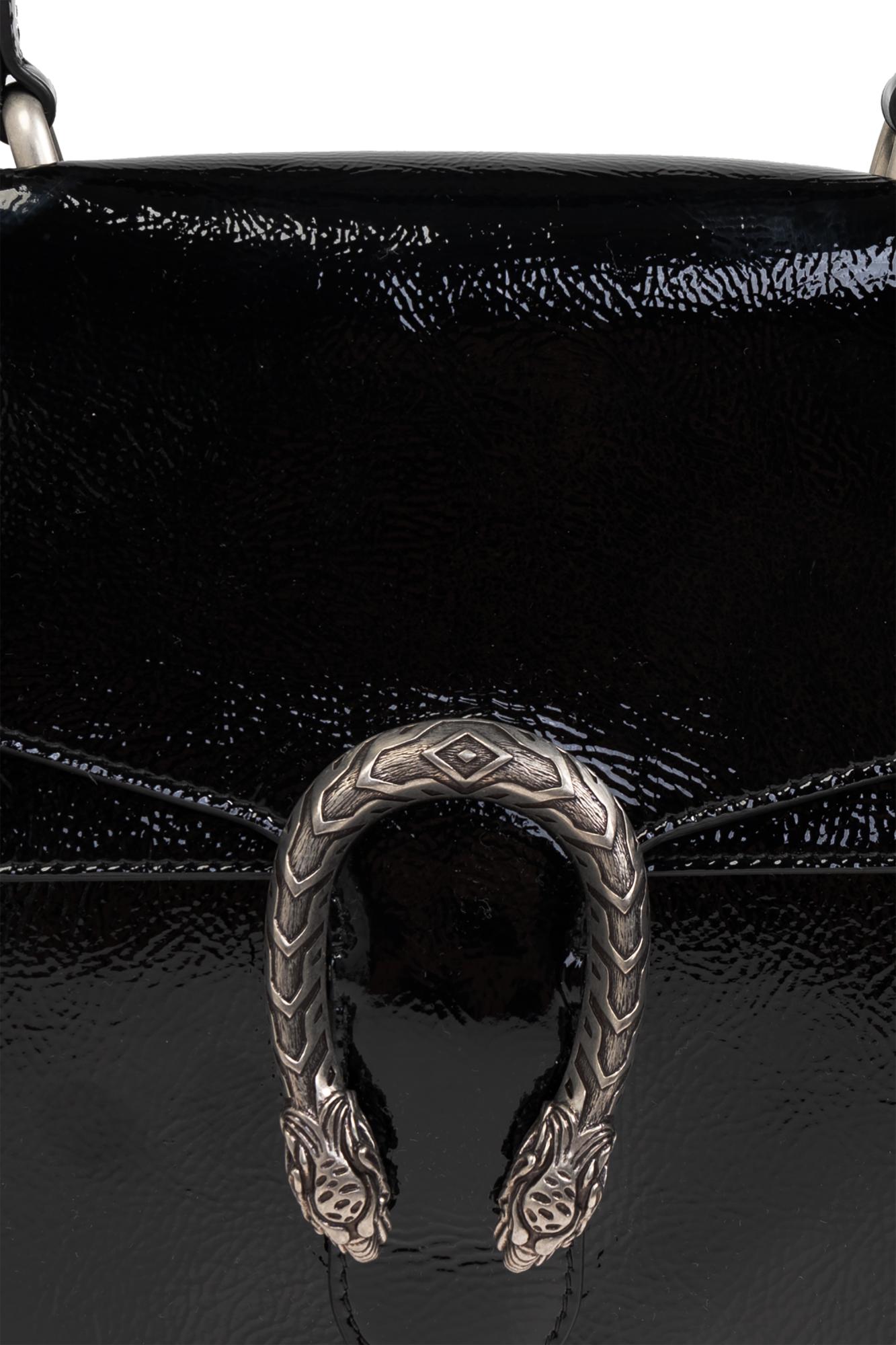 Gucci Dionysus Medium Black Glossy Leather Shoulder Bag with Silver Tiger Head Closure