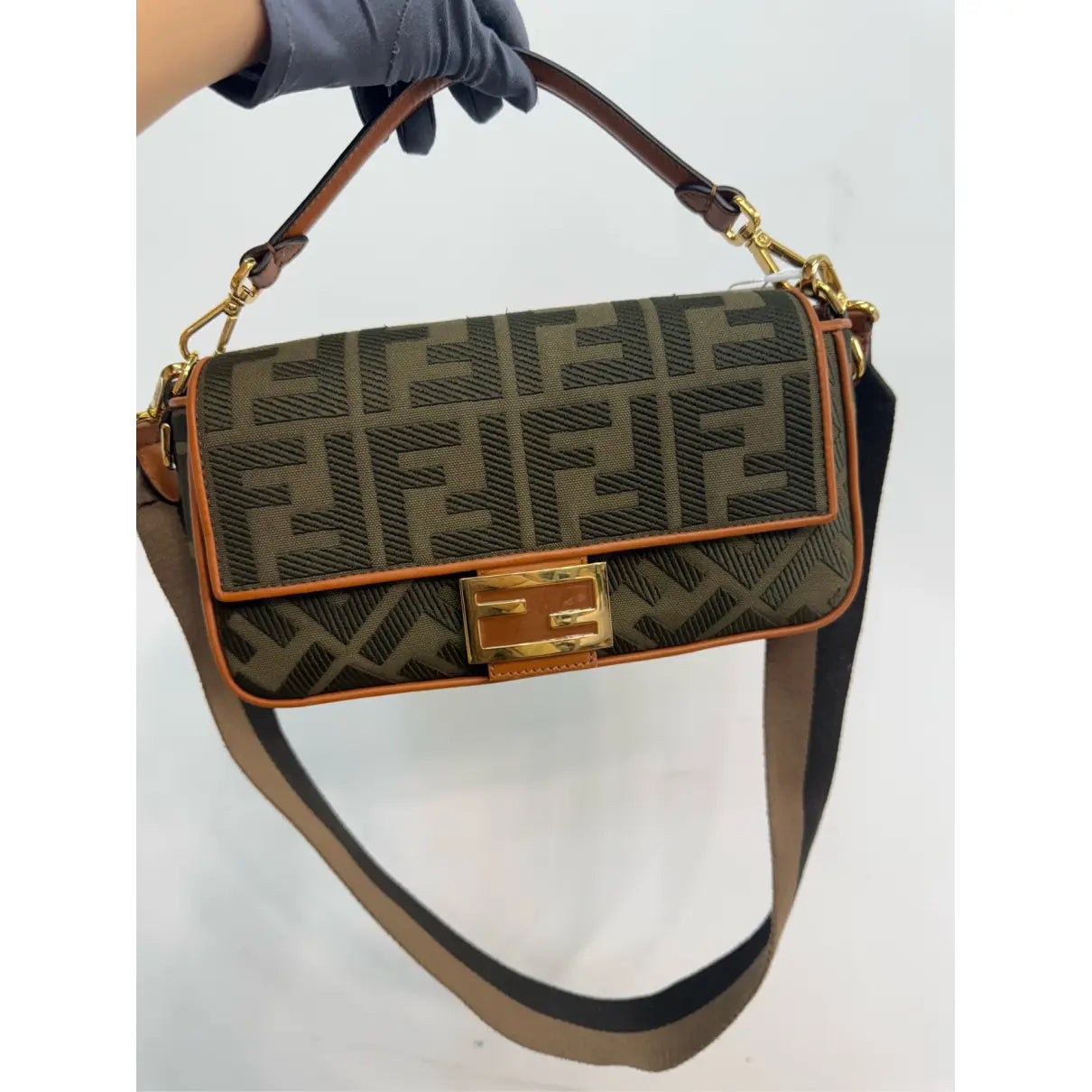Fendi Baguette Bag in Olive Green FF Canvas with Light Brown Leather Trim and Gold Hardware 26 cm