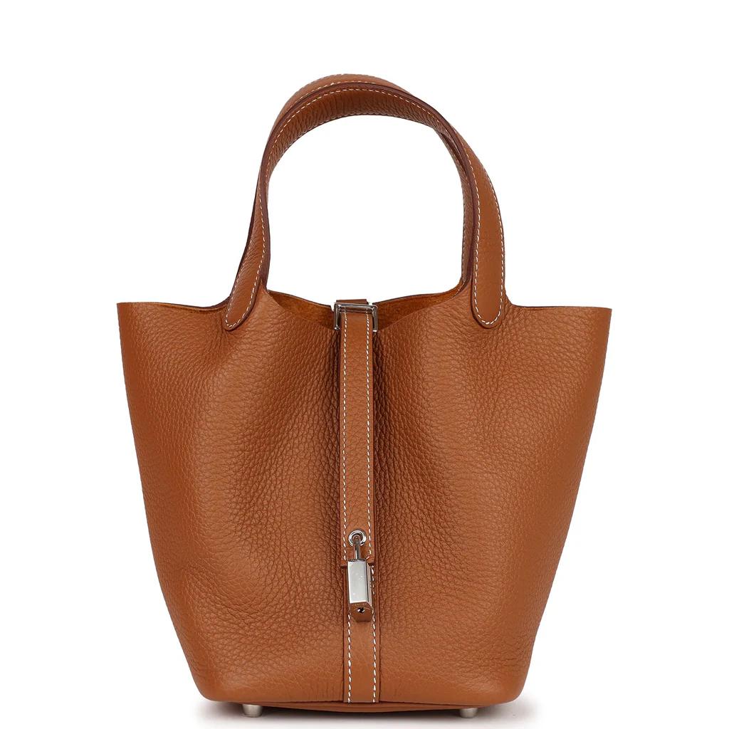Hermes Picotin Style Bucket Bag in Tan Grained Leather with Silver Lock
