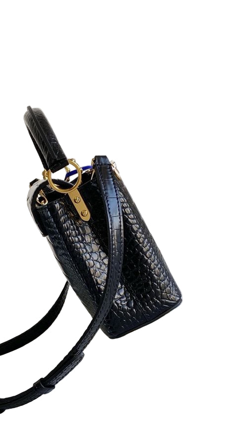 Louis Vuitton Capucines Mini Bag in Black Glossy Snake-Embossed Leather with Gold Hardware 21 cm