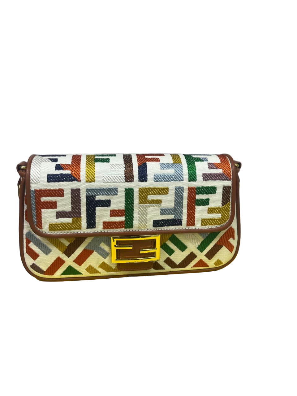 Fendi Baguette Bag in Multicolor FF Canvas with Light Brown Leather Trim and Gold Hardware 26 cm