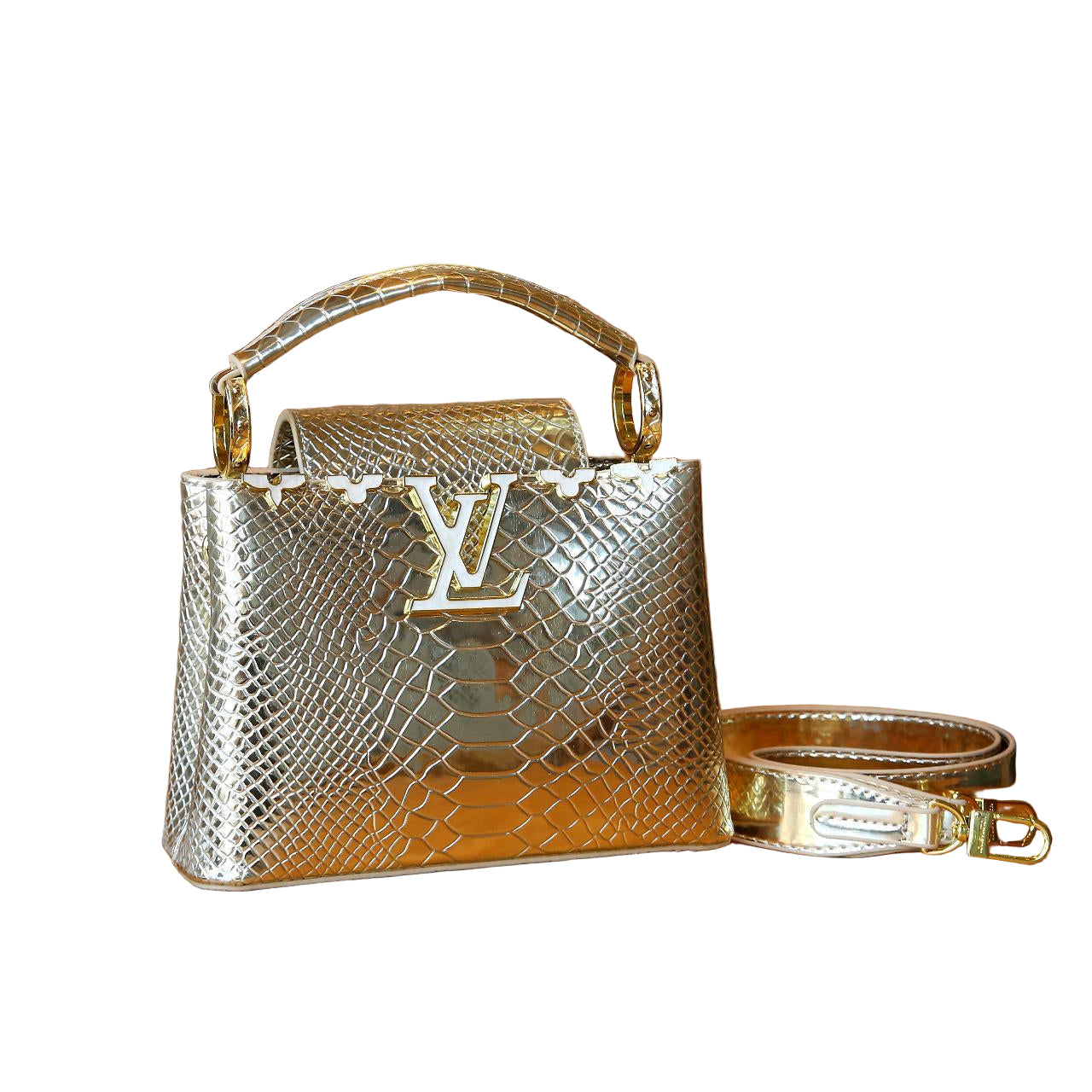 Louis Vuitton Capucines Mini Bag in Gold Glossy Snake-Embossed Leather with Gold Hardware 21 cm