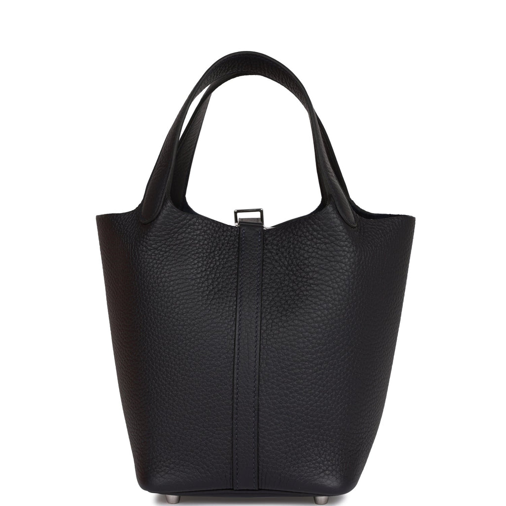 Hermes Picotin Style Bucket Bag in Black Grained Leather with Silver Lock