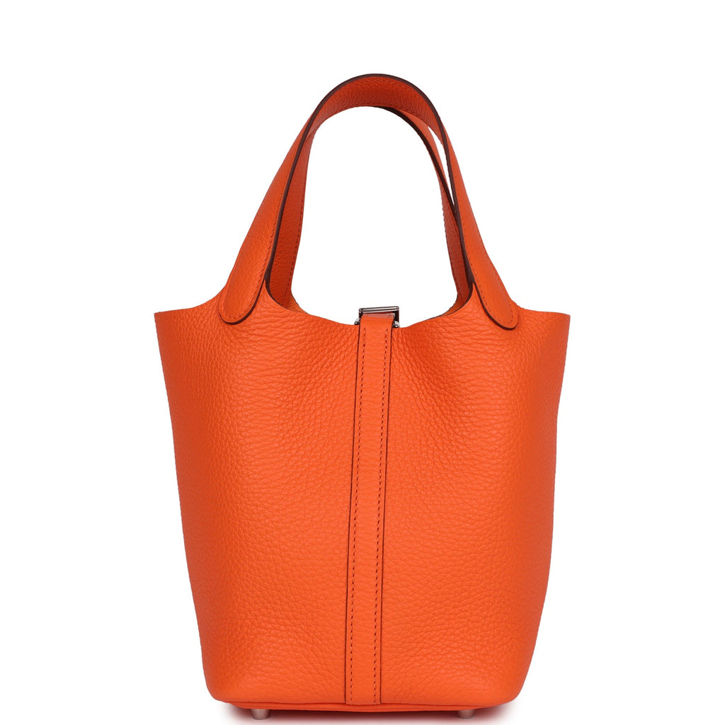 Hermes Picotin Style Bucket Bag in orange Grained Leather with Silver Lock