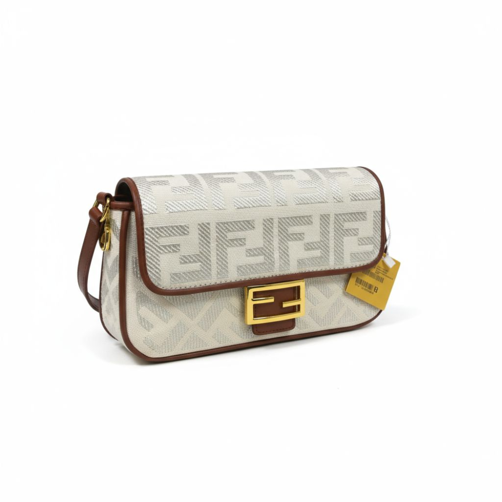 Fendi Baguette Bag in Off White FF Canvas with Light Brown Leather Trim and Gold Hardware 26 cm