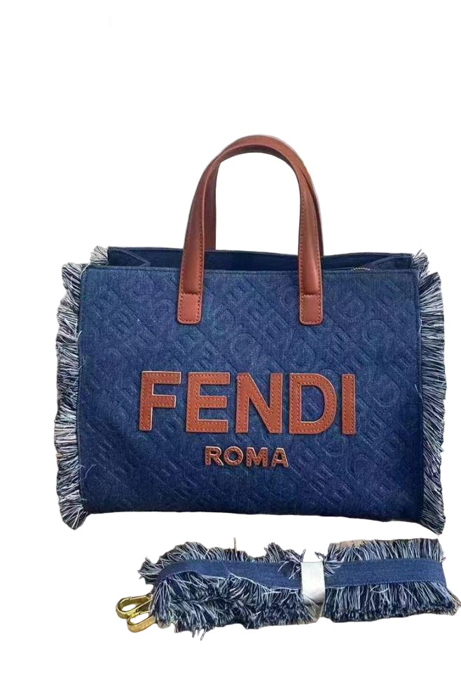 Fendi Sunshine Shopper Tote Bag in Medium Blue Quilted Denim with Brown Leather Details and Fringe Trim – 32 cm