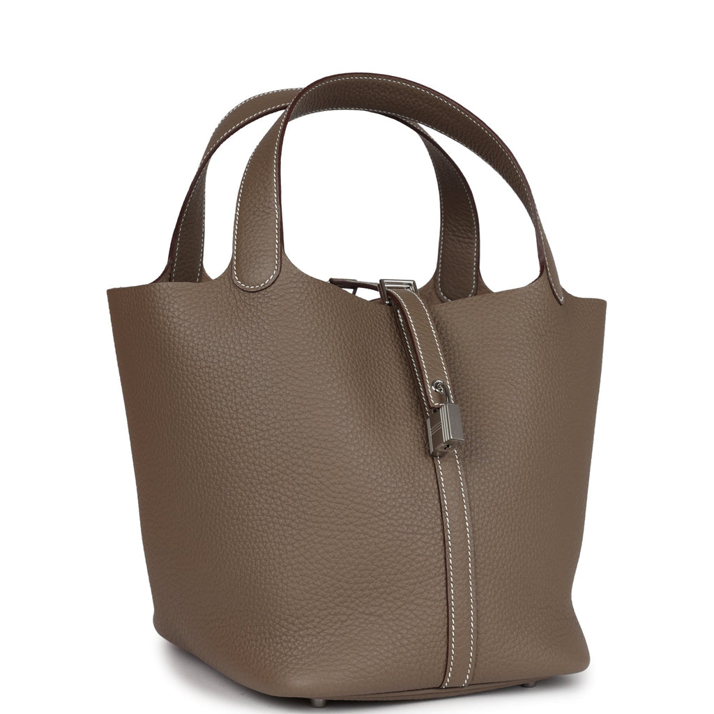Hermes Picotin Style Bucket Bag in Etoupe Grained Leather with Silver Lock