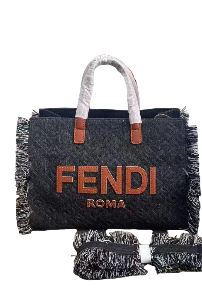 Fendi Sunshine Shopper Tote Bag in Deep Blue Denim with Brown Leather Details – 32 cm