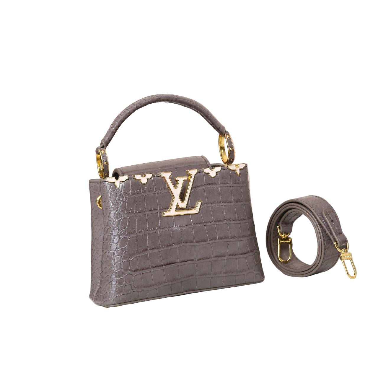 Louis Vuitton Capucines BB in Cognac Grey Crocodile-Embossed Leather with Gold Hardware 21 cm