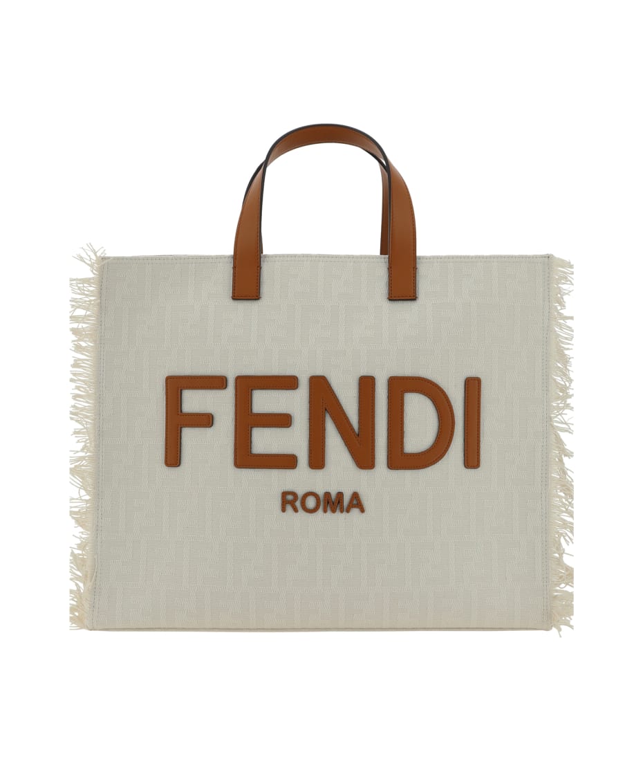 Fendi Sunshine Shopper Tote Bag in Light Beige Fabric with Tan Leather Details and Fringe Trim – 32 cm