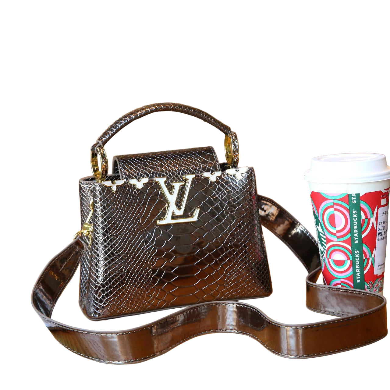 Louis Vuitton Capucines Mini Bag in Dark Bronzy Glossy Snake-Embossed Leather with Gold Hardware 21 cm