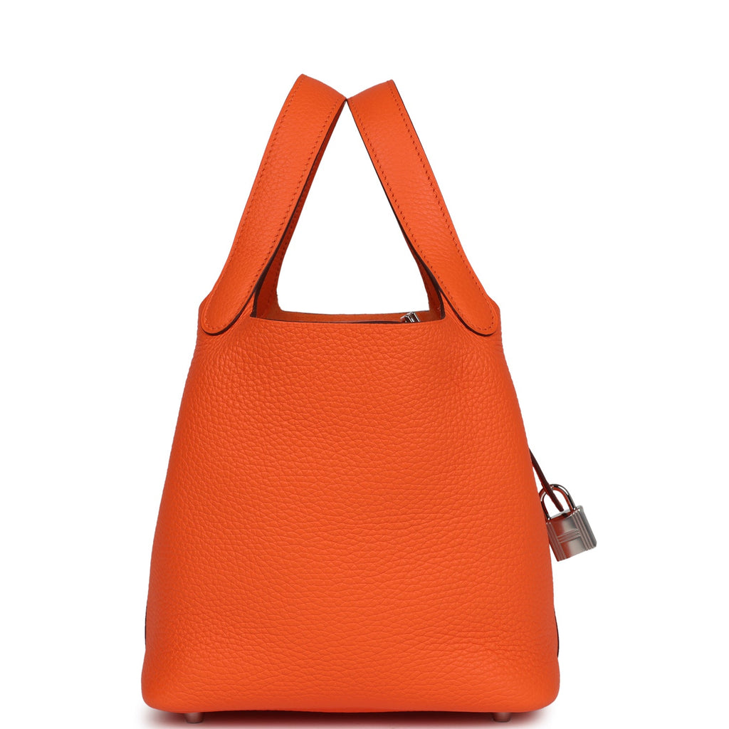 Hermes Picotin Style Bucket Bag in orange Grained Leather with Silver Lock