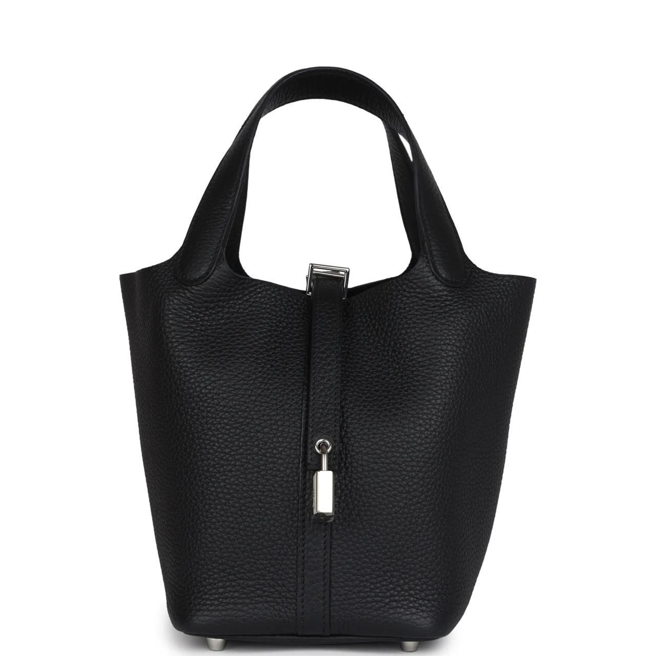 Hermes Picotin Style Bucket Bag in Black Grained Leather with Silver Lock