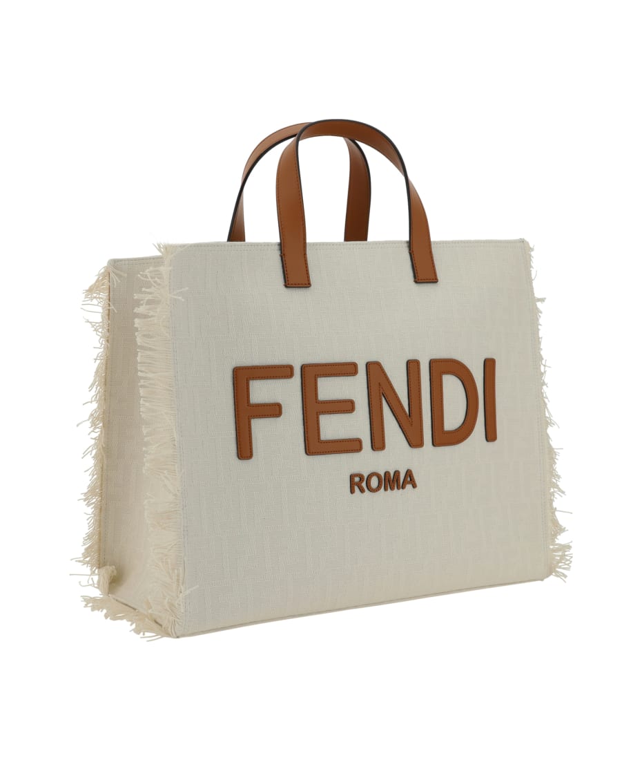 Fendi Sunshine Shopper Tote Bag in Light Beige Fabric with Tan Leather Details and Fringe Trim – 32 cm