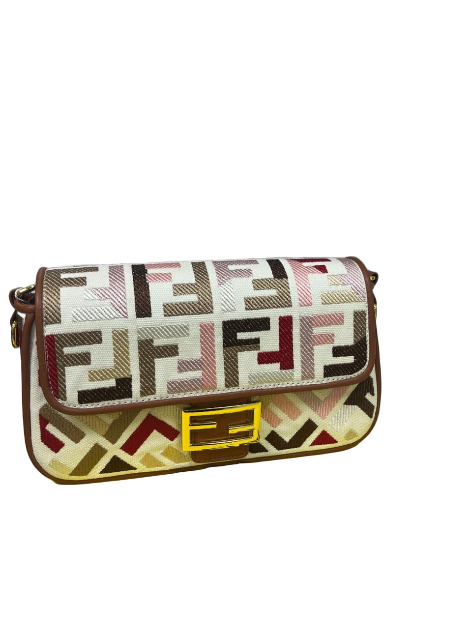 Fendi Baguette Bag in Multicolor FF Canvas with Light Brown Leather Trim and Gold Hardware 26 cm