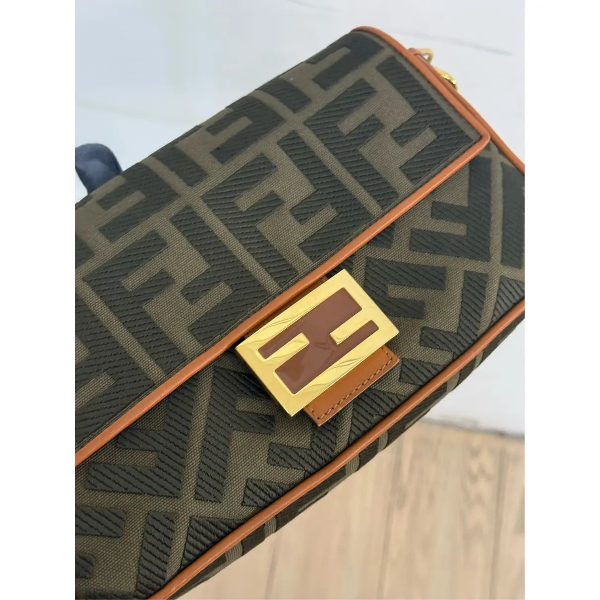 Fendi Baguette Bag in Olive Green FF Canvas with Light Brown Leather Trim and Gold Hardware 26 cm