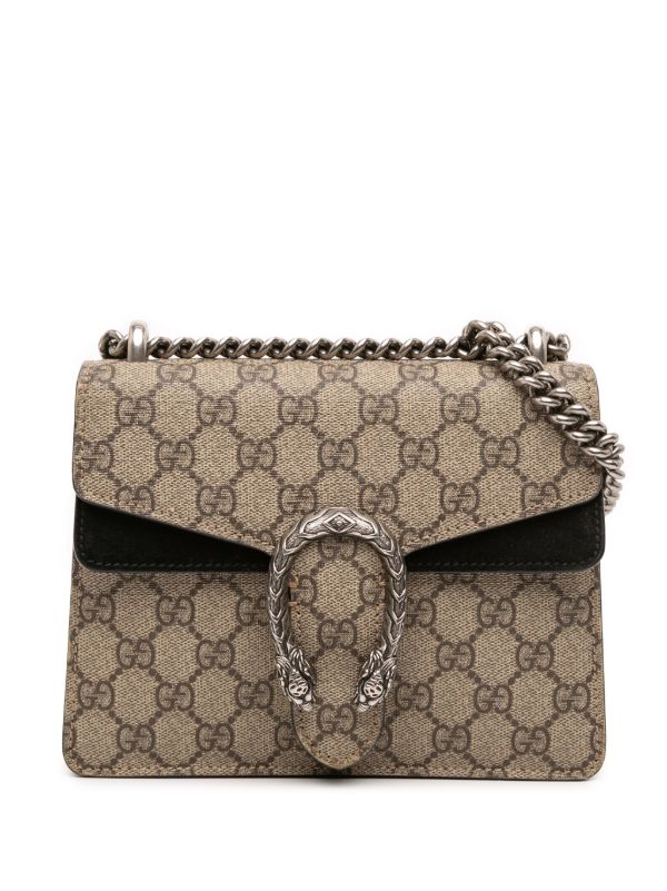 Gucci Dionysus GG Supreme Small Shoulder Bag in Beige/Brown Canvas with black Leather Details and Antique Silver Chain 25 cm