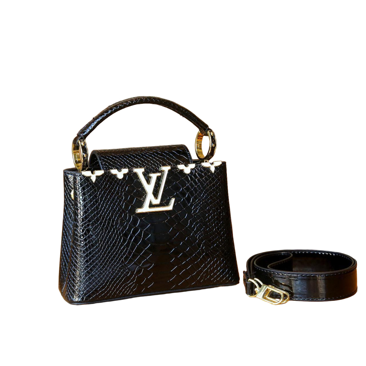 Louis Vuitton Capucines Mini Bag in Black Glossy Snake-Embossed Leather with Gold Hardware 21 cm