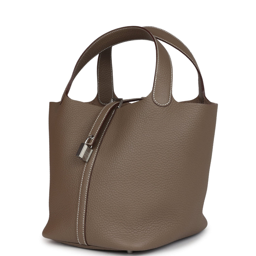 Hermes Picotin Style Bucket Bag in Etoupe Grained Leather with Silver Lock