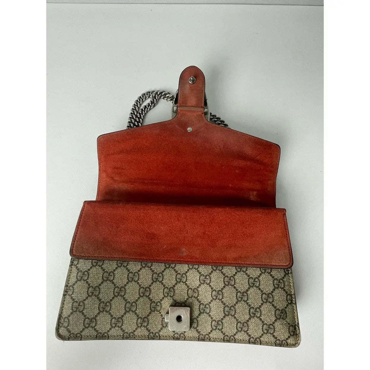 Gucci Dionysus GG Supreme Small Shoulder Bag in Beige/Brown Canvas with Cognac Leather Details and Antique Silver Chain 25 cm