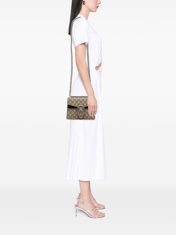 Gucci Dionysus GG Supreme Small Shoulder Bag in Beige/Brown Canvas with black Leather Details and Antique Silver Chain 25 cm