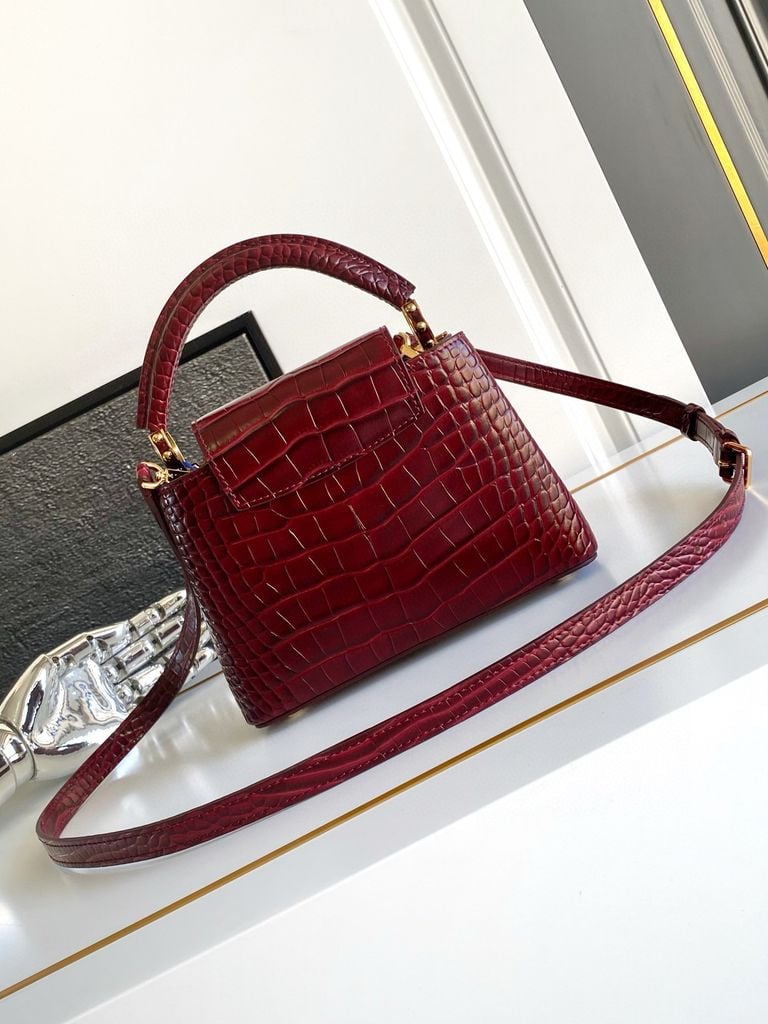 Louis Vuitton Capucines BB in Cognac Burgundy Crocodile-Embossed Leather with Gold Hardware 21 cm