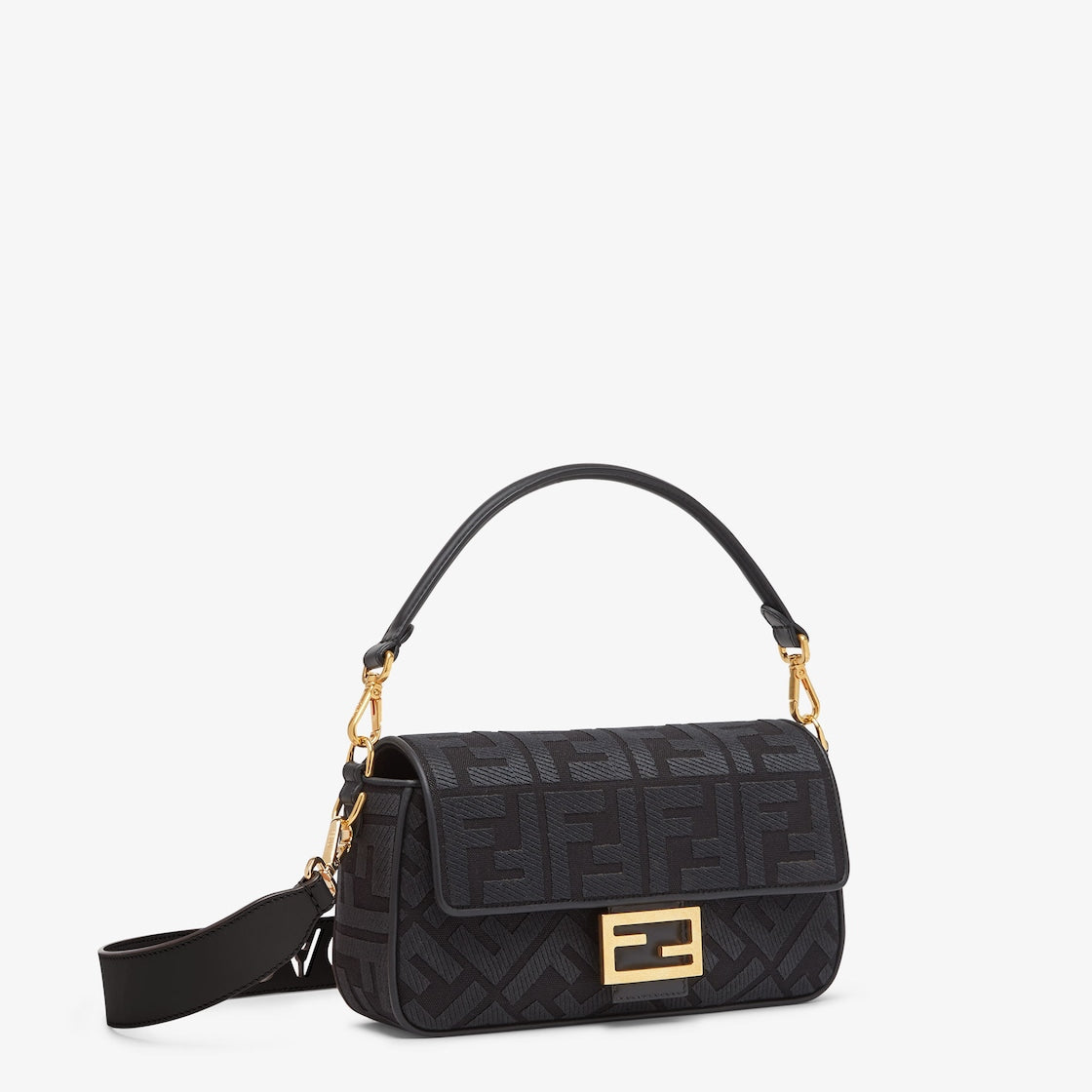 Fendi Baguette Bag in Black FF Canvas with Gold Hardware 26 cm