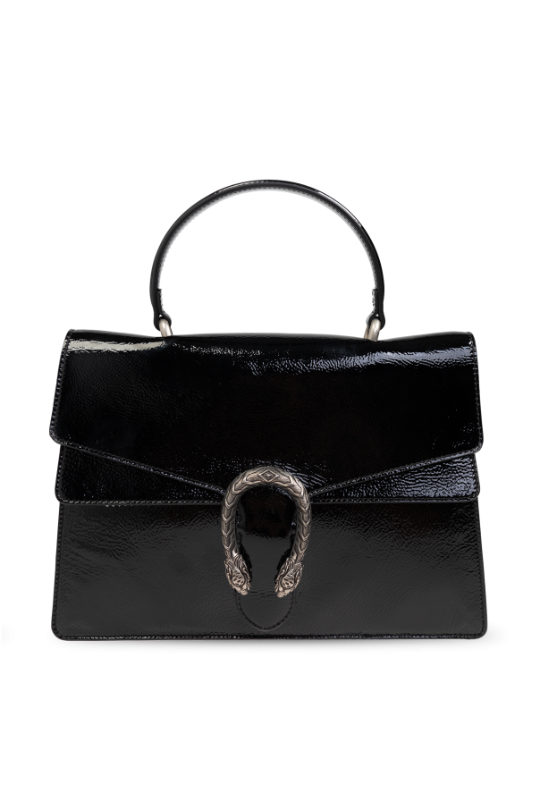 Gucci Dionysus Medium Black Glossy Leather Shoulder Bag with Silver Tiger Head Closure