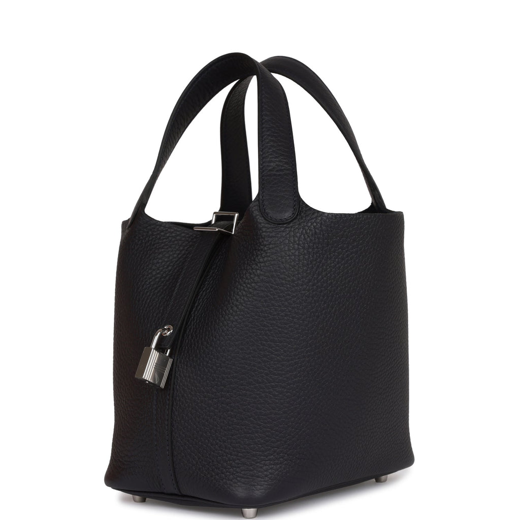 Hermes Picotin Style Bucket Bag in Black Grained Leather with Silver Lock