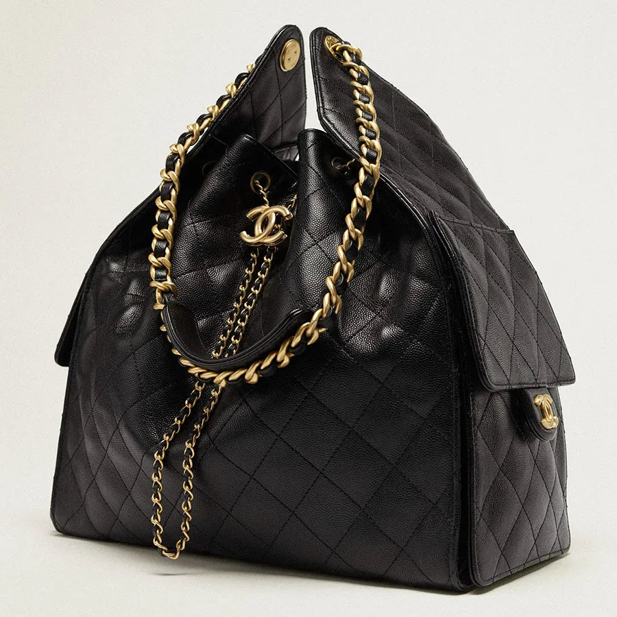 Chanel Gabrielle Drawstring Bucket Bag in Black Quilted Metallic Calfskin with Gold Hardwa 26 cm
