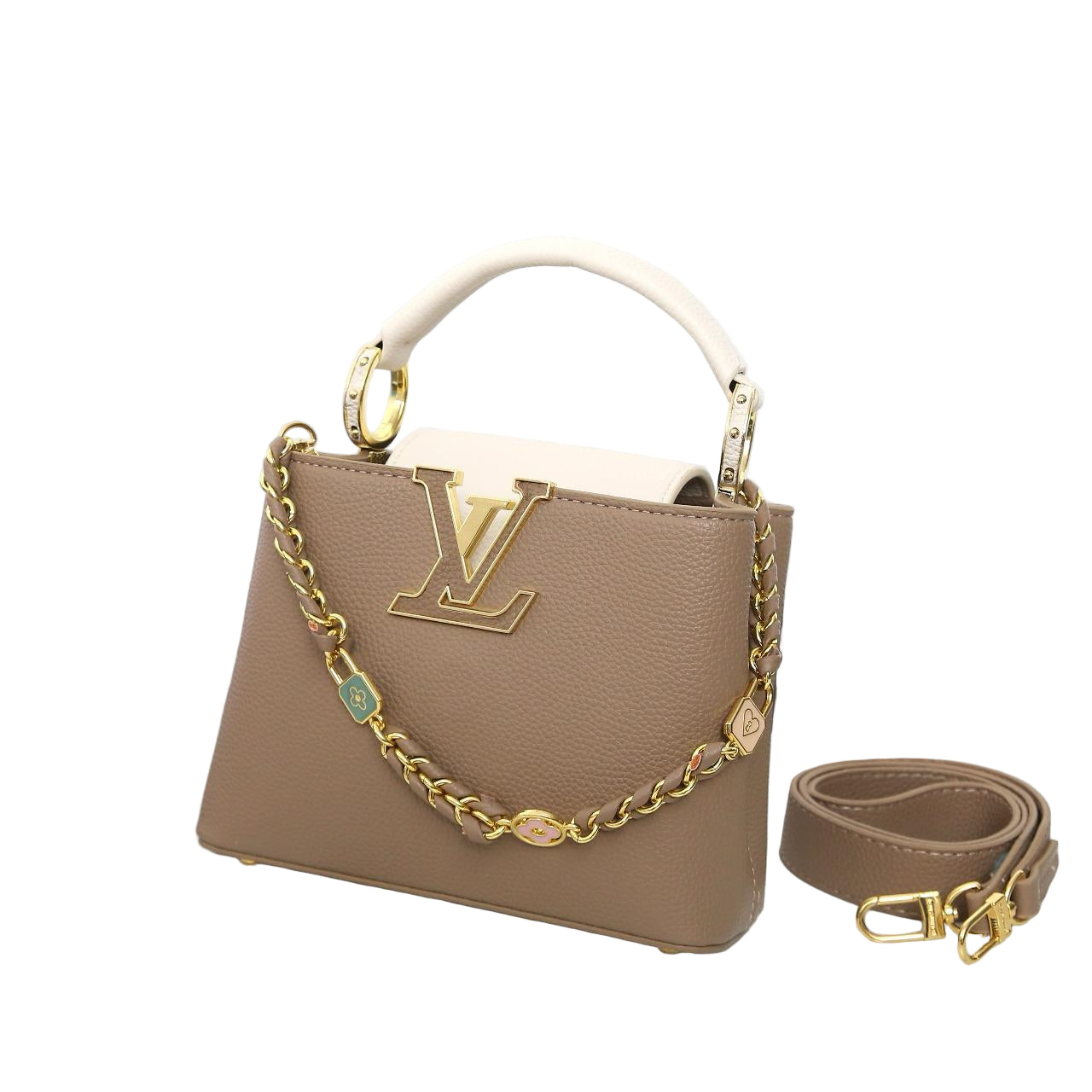 Louis Vuitton Capucines Mini Bag in Etoupe Grained Leather with white Handle and Gold Hardware 22 cm