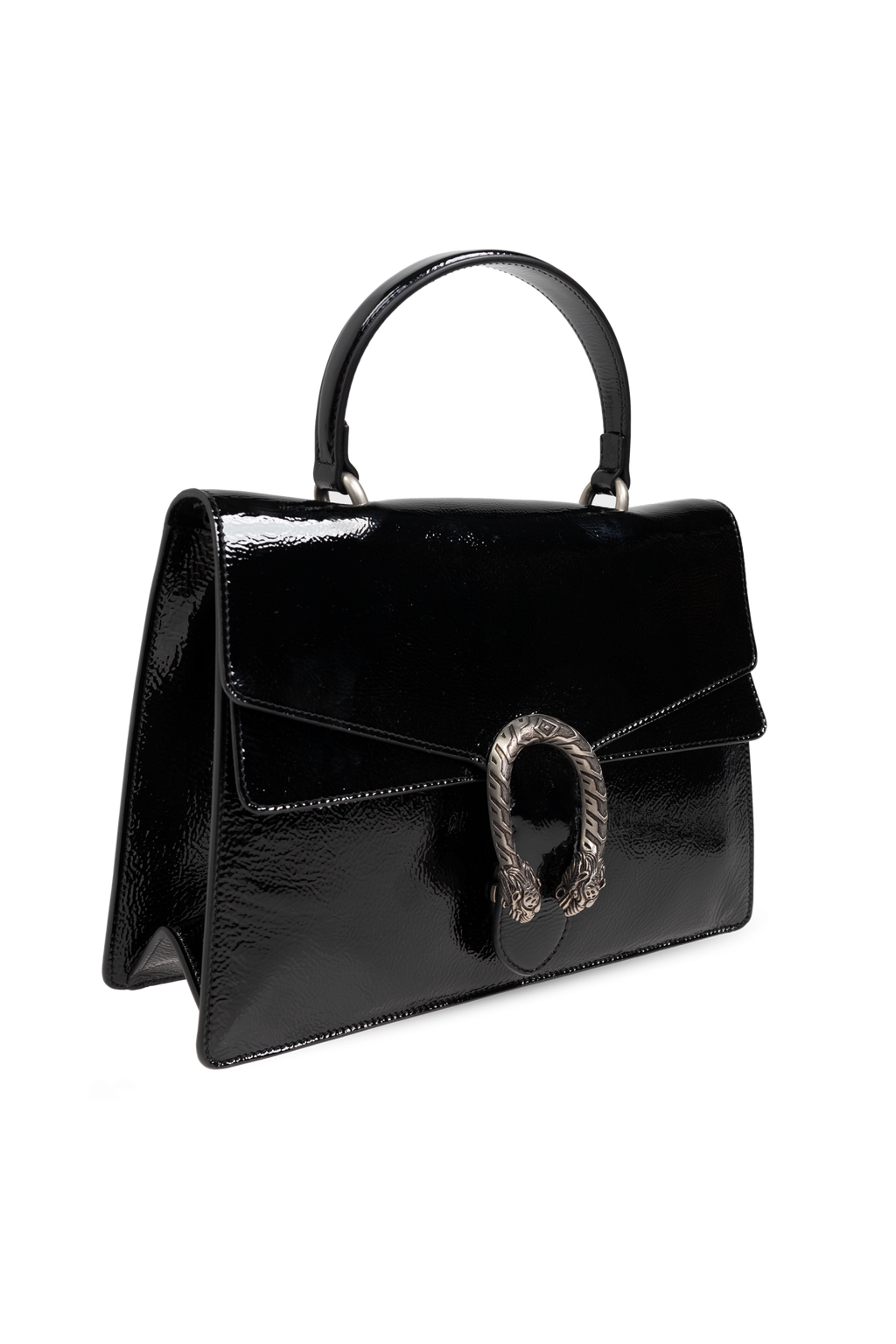 Gucci Dionysus Medium Black Glossy Leather Shoulder Bag with Silver Tiger Head Closure
