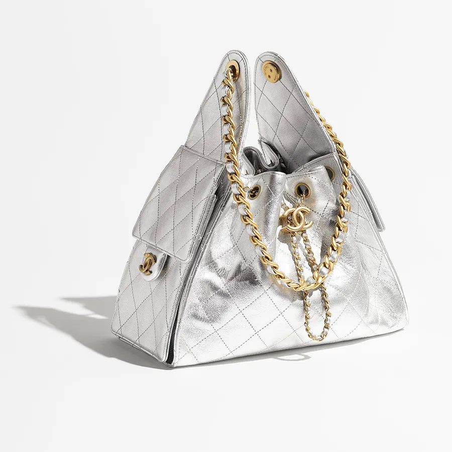 Chanel Gabrielle Drawstring Bucket Bag in Silver Quilted Metallic Calfskin with Gold Hardwa 26 cm